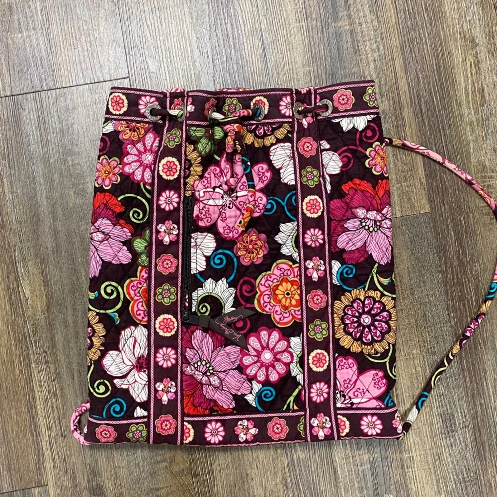 Vera Bradley Quilted Floral Pink/Brown Drawstring Backpack Bag Travel Pouch Sack